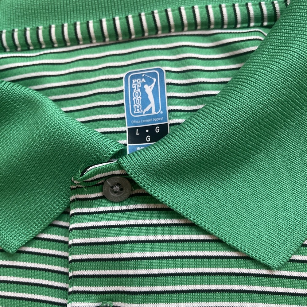 PGA TOUR Men's Large Green Striped Golf Polo Shirt - Picture 3 of 4